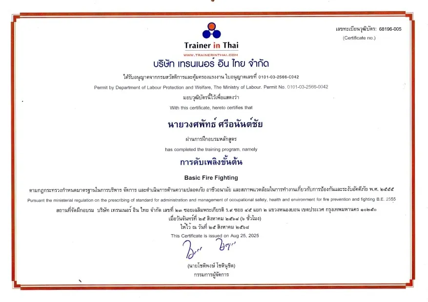 ใบประกาศรับรองดับเพลิง
